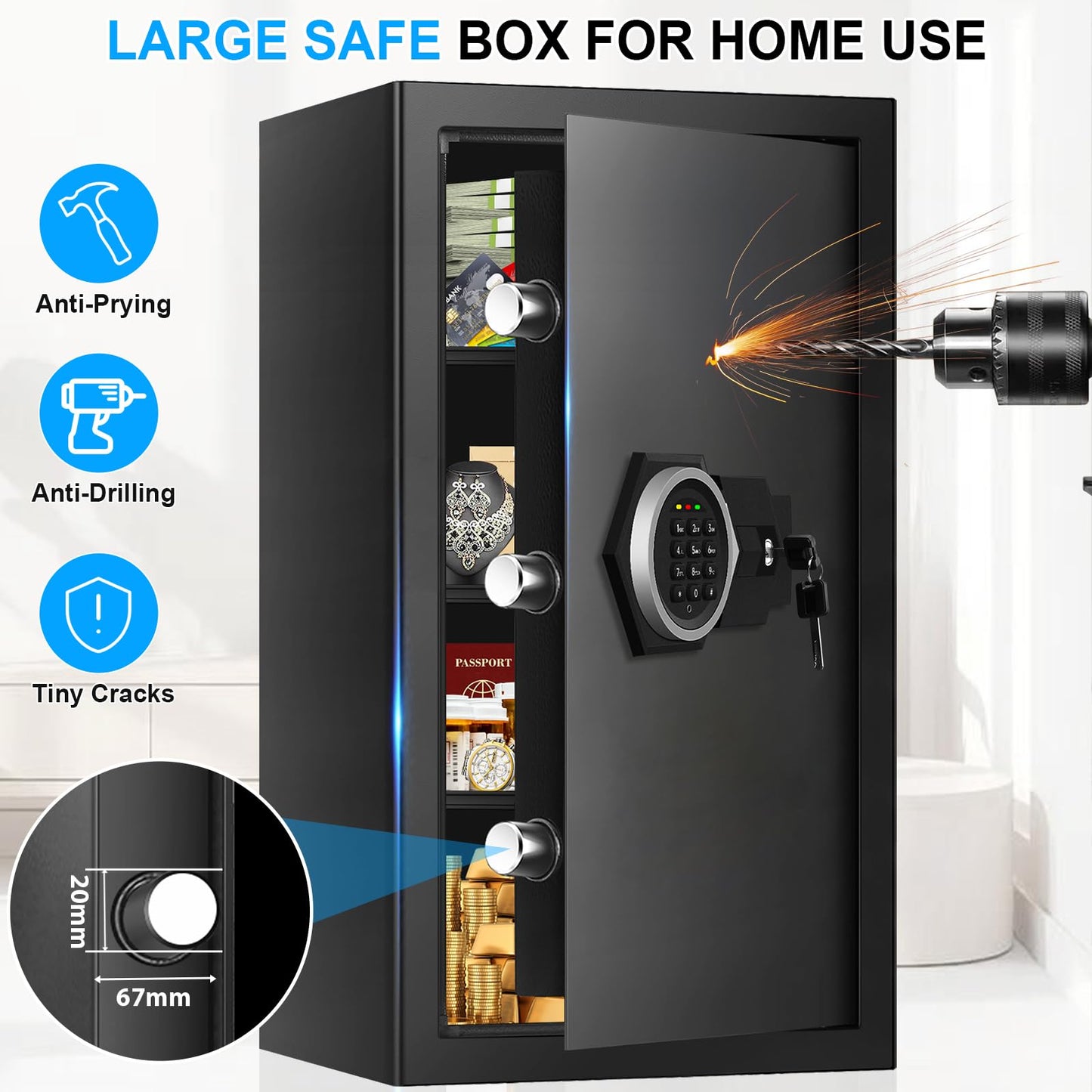 5.3 Cub Large Fireproof Safes for Home, Digital Home Security Safe Box Fireproof Waterproof with Combination Lock and 3 Removable Shelves, Anti-Theft Fire Proof Safe for Document Money Valuables