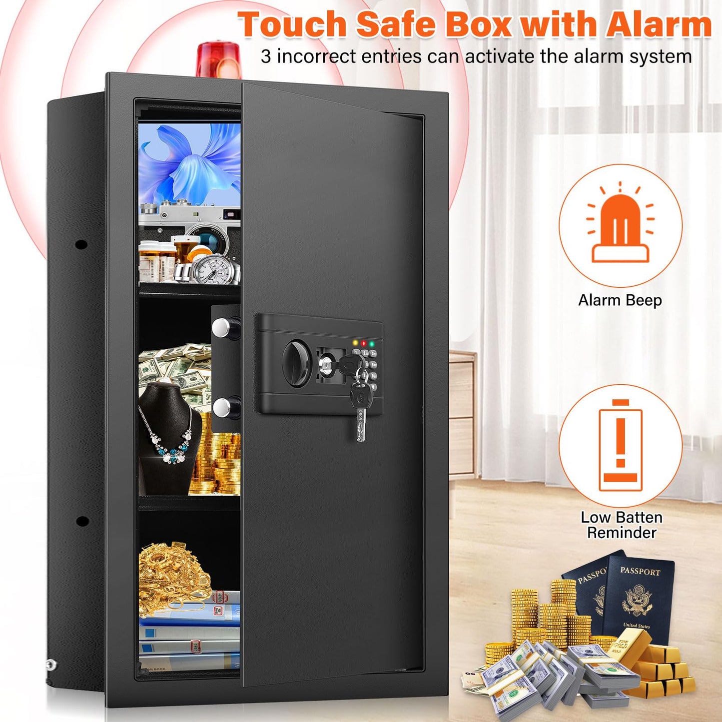 25.6" Tall Fireproof Wall Safes Between the Studs 16" Centers, Hidden Wall Safe with 2 Removable Shelf & Hidden Tray, Heavy Duty Wall Mount Safe for Money, Jewelry, Passport, Valuables