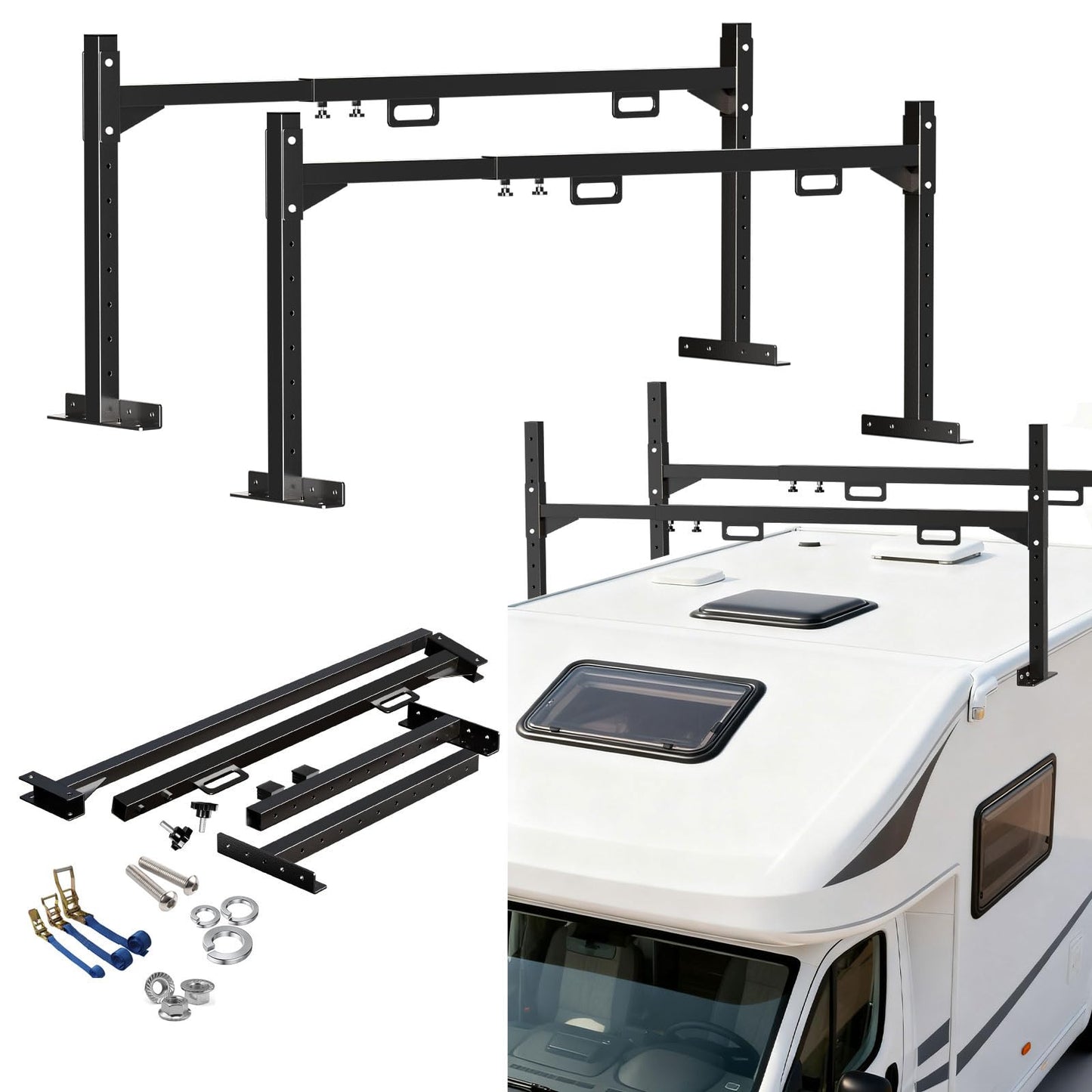 2 Pack Trailer Ladder Rack with 4 Straps, Heavy Duty Adjustable Ladder Rack for 4FT - 7FT Enclosed and Open Trailers, 400 LBS Capacity Truck Ladder Rack for Carrying Kayak, Ladder and Lumber, Black