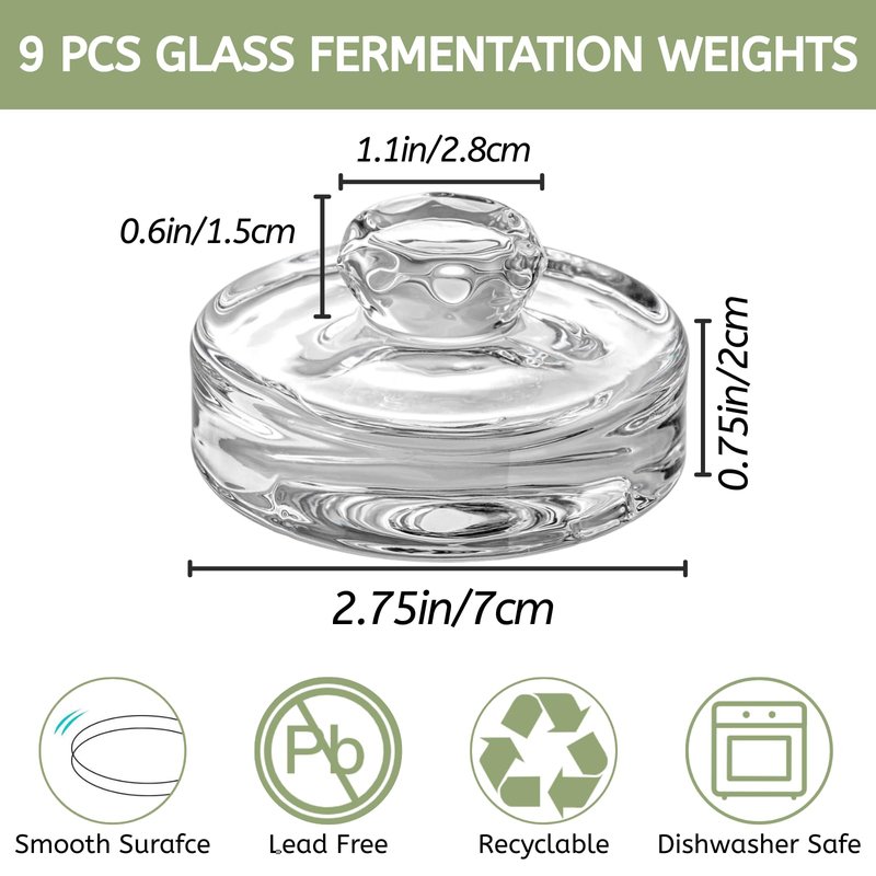 YOUEON 9 Pack Fermentation Glass Weights with Easy Grip Handles for Wide Mouth Mason Jars, Pickling Jars, Glass Fermentation Weights for Fermenting Kit, Sauerkraut, Kimchi and More