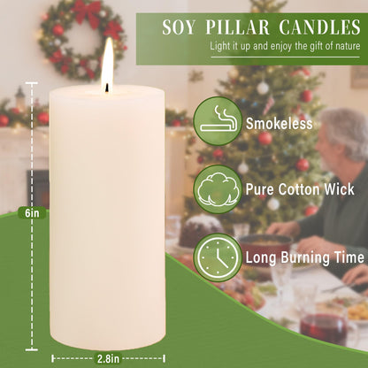 2.8x6 Inch Soy White Pillar Candles 255 Hours Long Burning Natural Unscented Non-Toxic White Soy Wax Candle Handmade Smokeless Soybean Pillar Candle for Wedding Table Home, 3 Pack