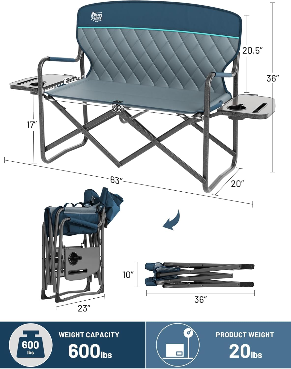 Timber Ridge Double Camping Chair - Heavy Duty Portable Loveseat for 2 | Supports 600 lbs - Blue