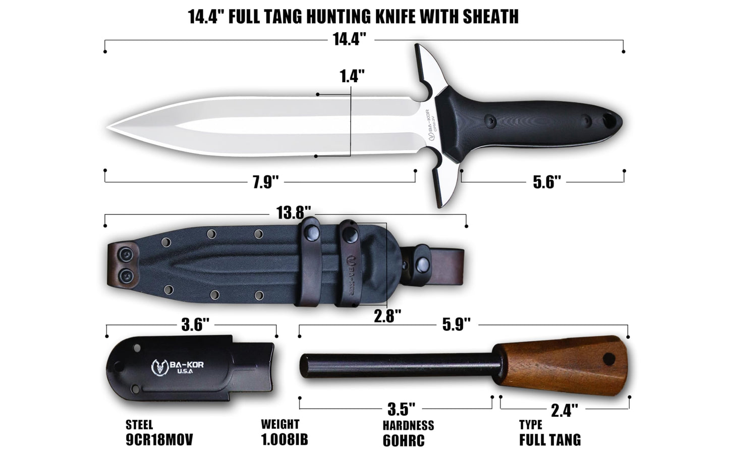 BA-KOR 14.4” Fixed Blade Hunting Knife, CPM 3V Steel Full Tang Survival Knife, 5mm Thick Mirror Polished Blade, G10 Handle, Leather Wrapped Kydex Sheath & 5.9” Fire Starter