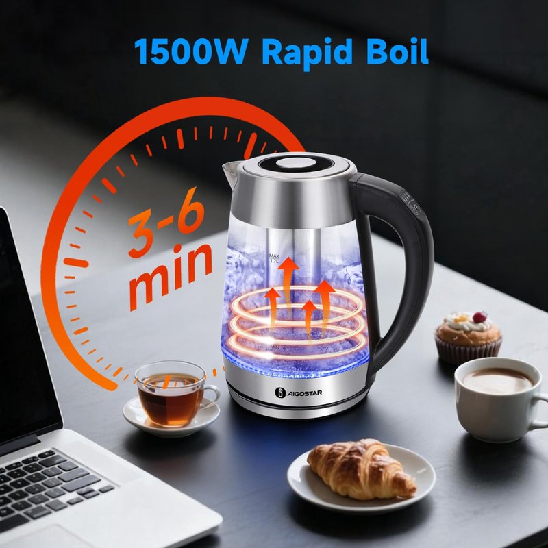 Aigostar Electric Kettle, Tea Kettle with Temperature Control and Tea Infuser, 1500W Hot Water Kettle with Variable Temperature, Keep Warm Function, LED Indicator Light Change, Auto Shut-Off, 1.7L