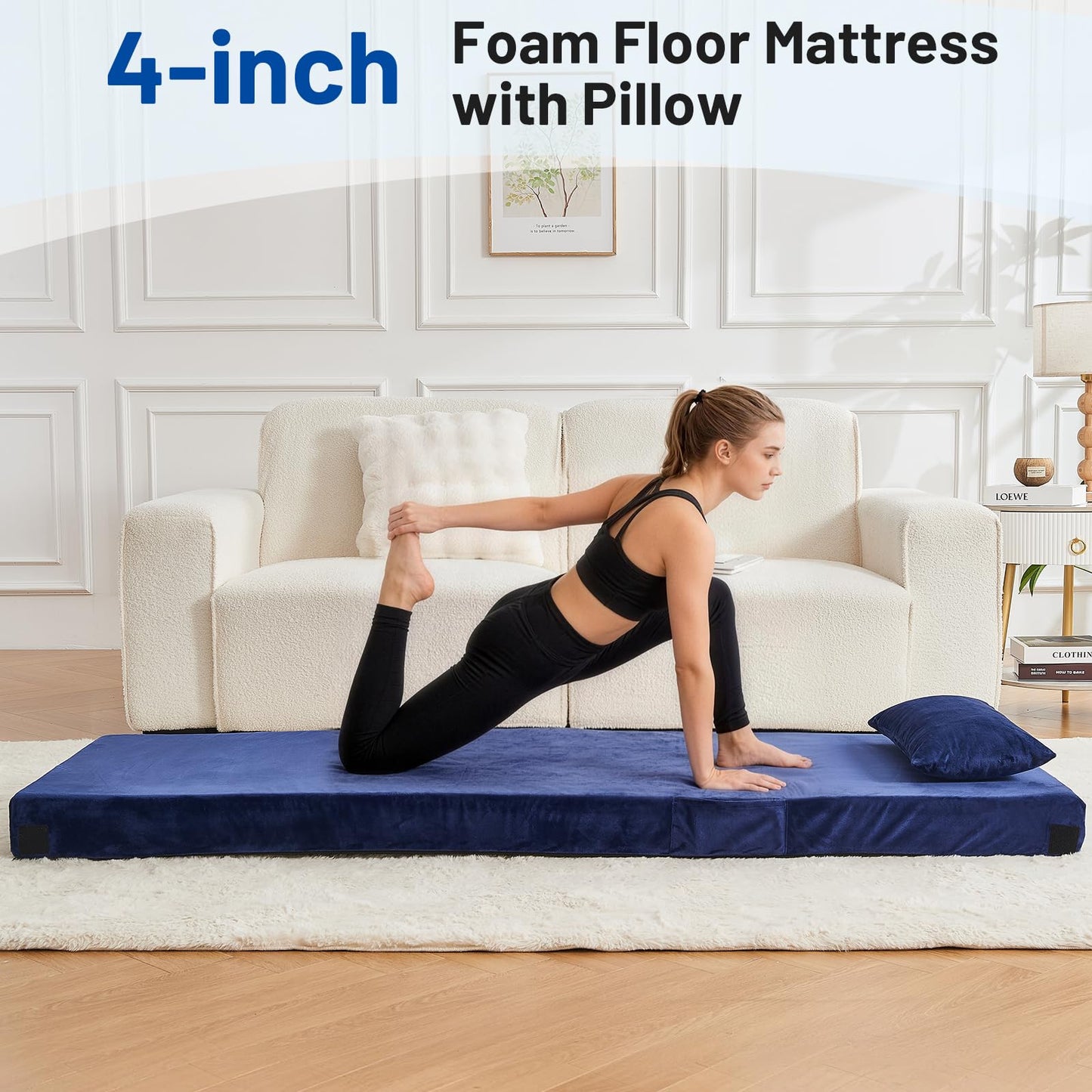 Easthome Twin Memory Foam Camping Mattress Pad with Pillow - Extra Thick 4 Inch Sleeping Pad for Camping, Waterproof Roll Up Mattress Topper for Adults Car Truck Tent Guest Bed, Travel Bag, Navy Blue