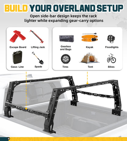 Trumgeta Overland Bed Rack Fit for Full-Size Pickups, Adjustable Truck Ladder Rack for T-Slot Tonneau Covers, 18.8"-25" Height Bed Rack with Side Cross Bars, Fit for F150/Ram 1500/Silverado/Sierra