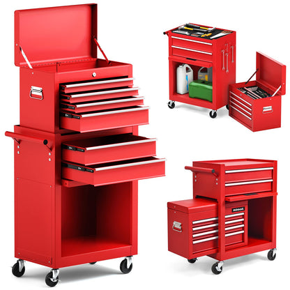 ERGOMASTER Rolling Tool Chest Cabinet Big Tool Storage Cabinet on Wheels and Lock System, Toolbox Organizer with Sliding Liner - 6-Drawers & Red