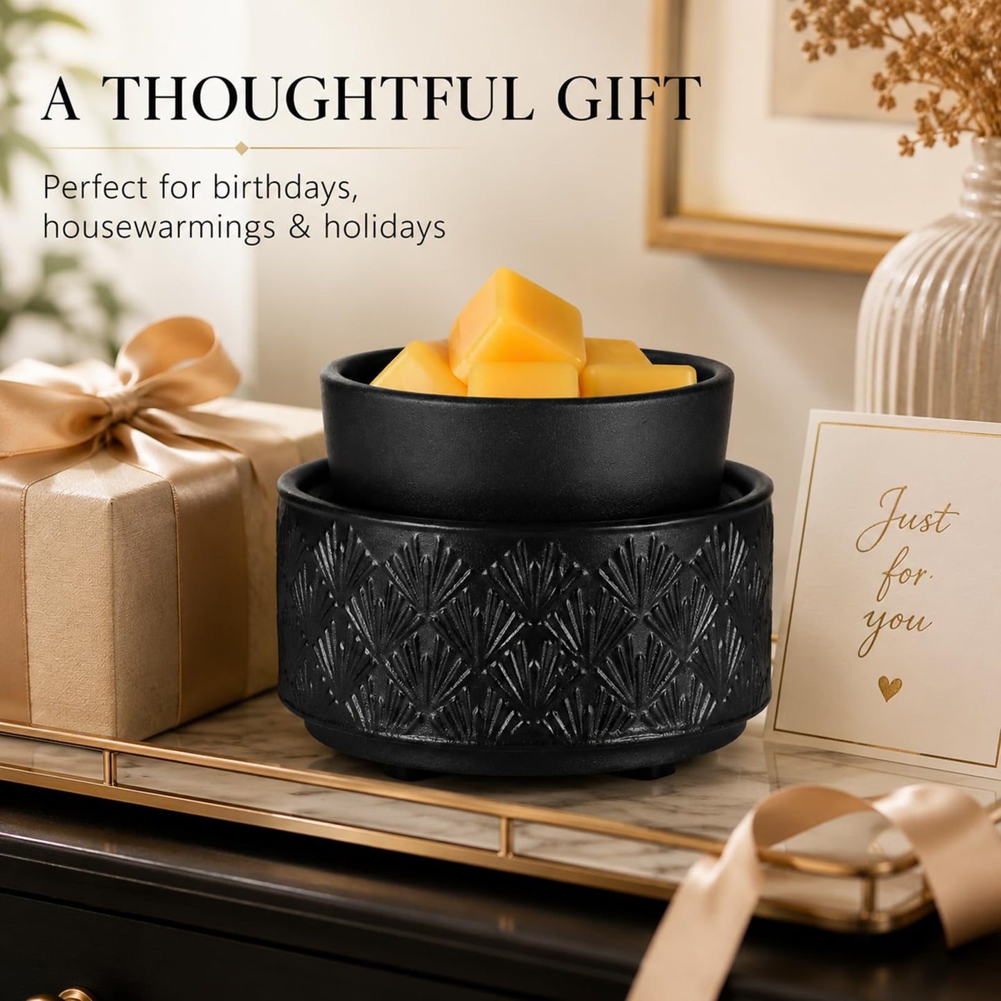 Mocosa Ceramic Wax Warmer Wax Melt Warmer for Scented Wax 3-1 Electric Candle Warmer Home Fragrance Wax Burner Perfect Christmas Gifts for Mom Women(Black-Fan Shaped)