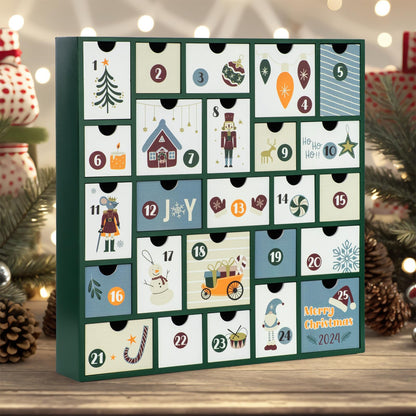GUOER 2025 Wooden Advent Calendar, 13 Inch Christmas Advent Calendar with 25 Large Drawers, Christmas Countdown Calendar, Premium Wood Hand Painted Refillable Advent Cute Holiday Decoration (Green)