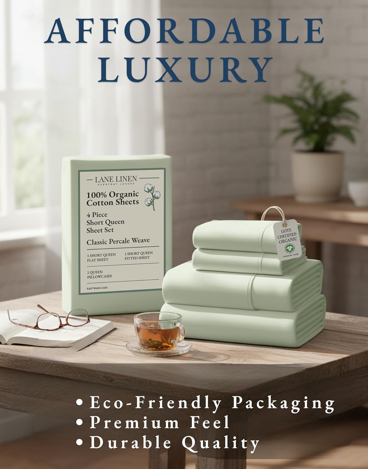 LANE LINEN 100% Organic Cotton Queen Sheet Set - Soft & Breathable Percale Weave, Deep Pocket, Hotel-Quality - Mineral Color