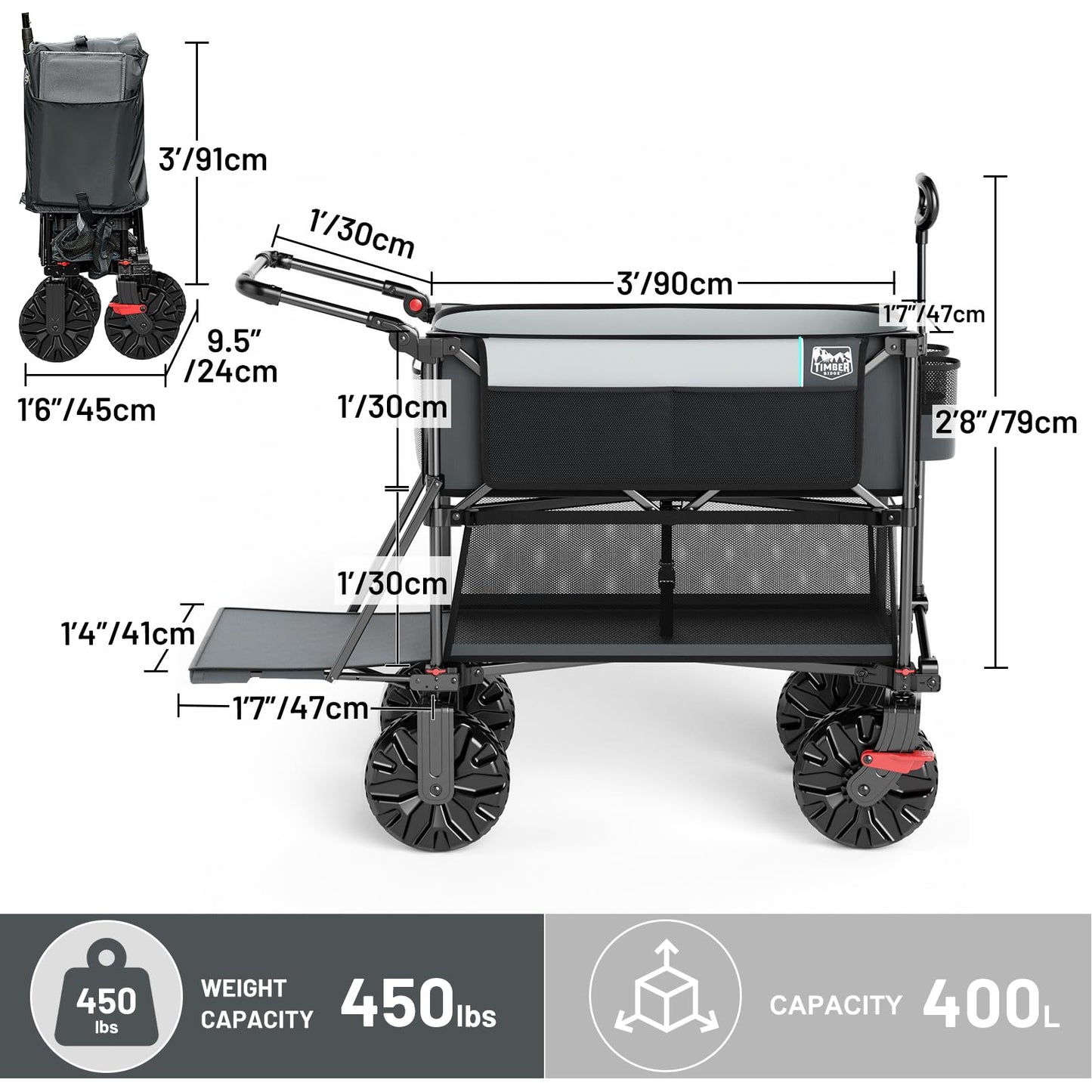 TIMBER RIDGE Push & Pull Double Decker Wagon, 400L Large Capacity Heavy Duty & 450lb Load, Collapsible Cart with All-Terrain Wheels & Brakes, 54” Extended Foldable for Sports, Beach, Camping, Grey