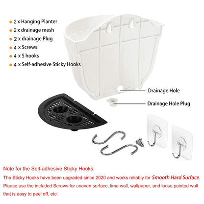 2 Pack White Plastic Wall Hanging Planters for Indoor Plants Wall Hanging Plant Holder with Drainage Hole Balcony Planters Railing Hanging Pot Fence Vertical Living Wall Mount Decor with Hooks