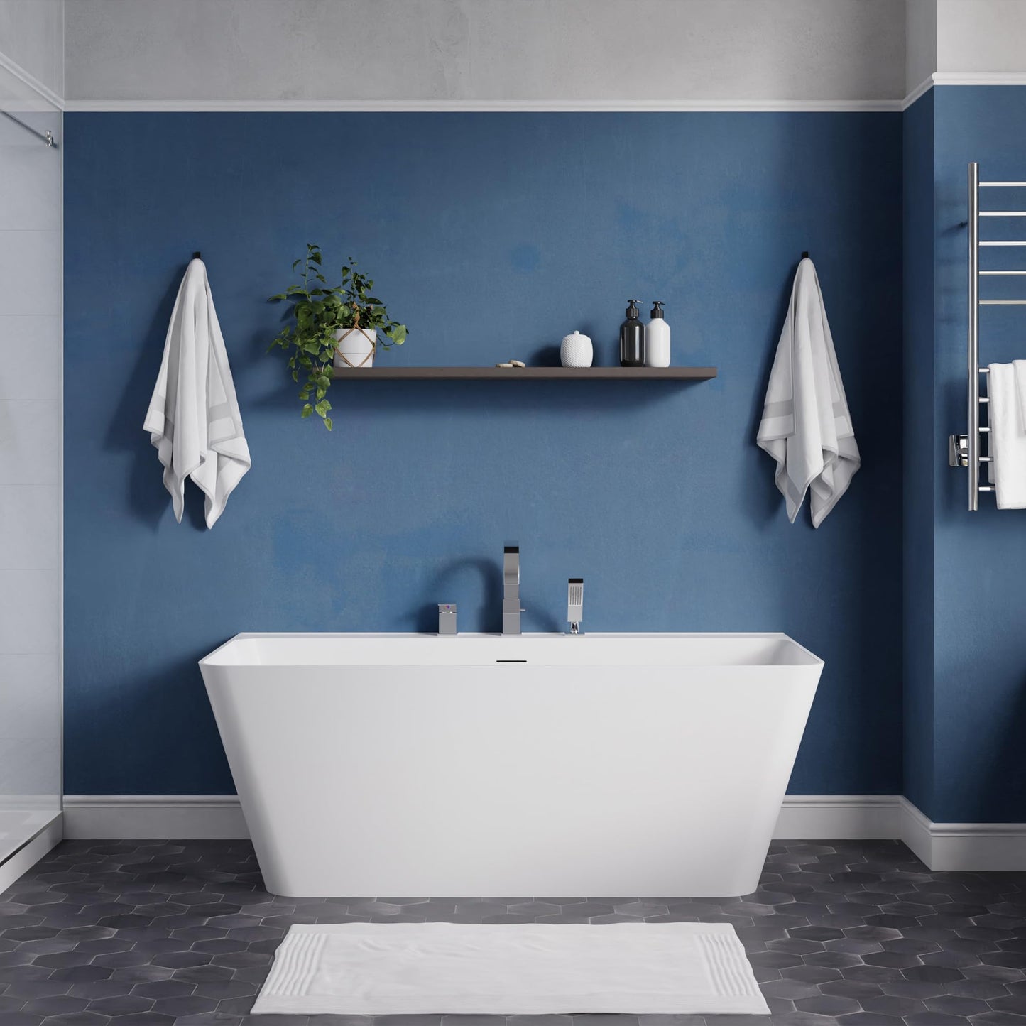 ANZZI Freestanding Tub 59," Acrylic, Modern Stand Alone Soaking Tub, Built In Drain and Overflow, Free Standing Tub with Pre-drilled Faucet Holes, Series (FT-AZ114-59)