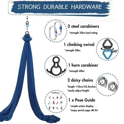 SKYPHAROS 11 Yards Aerial Silks Yoga Swing Set - Aerial Yoga Hammock Kit Anti-Gravity Flying for Fitness, Low/Non Stretch Nylon Tricot Fabric Hardware Included for Dance
