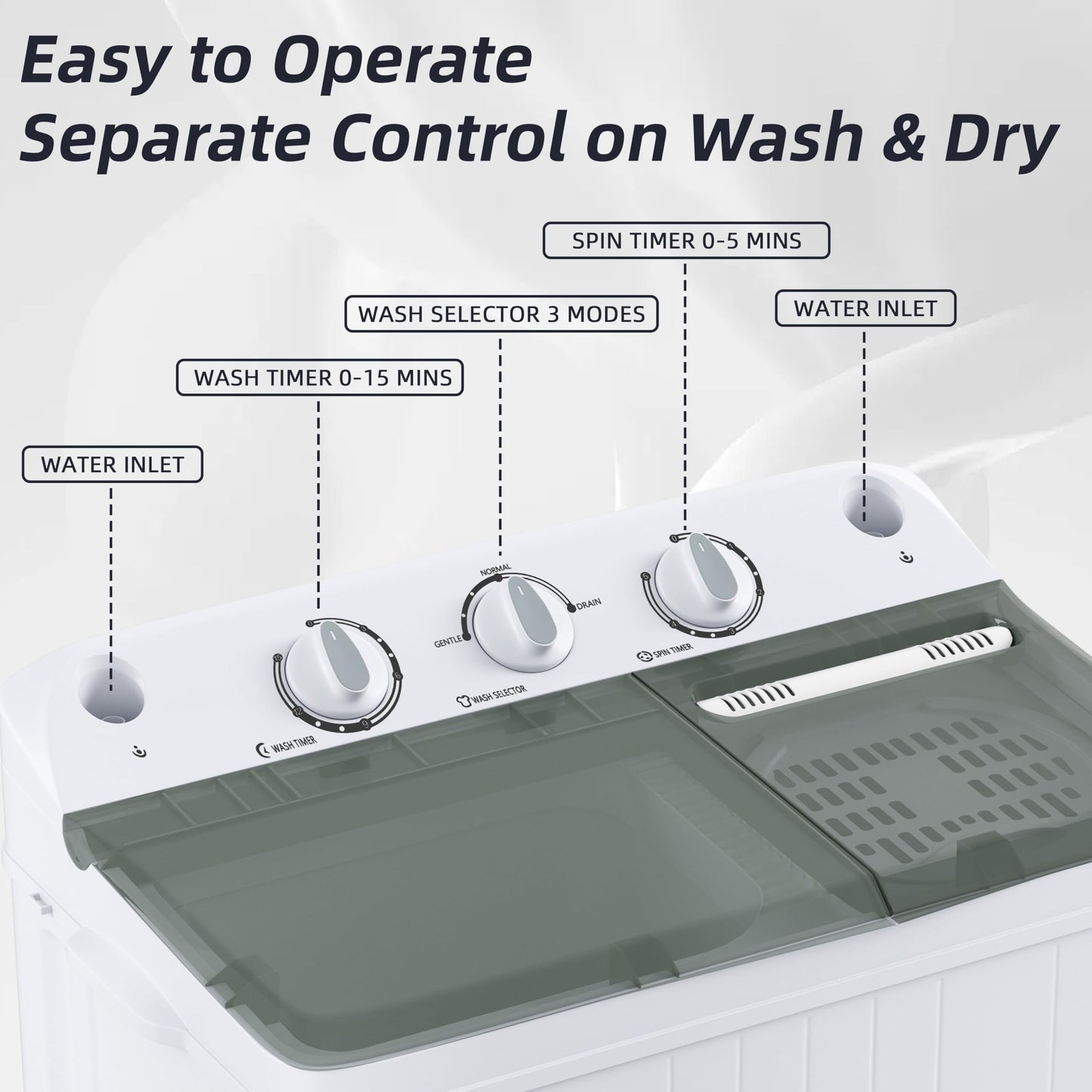 Elevon Portable Washing Machine Twin Tub 9.9 Lbs Capacity, (7.7 Lbs) and Spinner(2.2 Lbs) Combo Mini Compact Laundry Washer for Home, Apartment, Camping, RVs and Dorms, Black/White