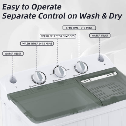 Elevon Portable Washing Machine Twin Tub 9.9 Lbs Capacity, (7.7 Lbs) and Spinner(2.2 Lbs) Combo Mini Compact Laundry Washer for Home, Apartment, Camping, RVs and Dorms, Black/White