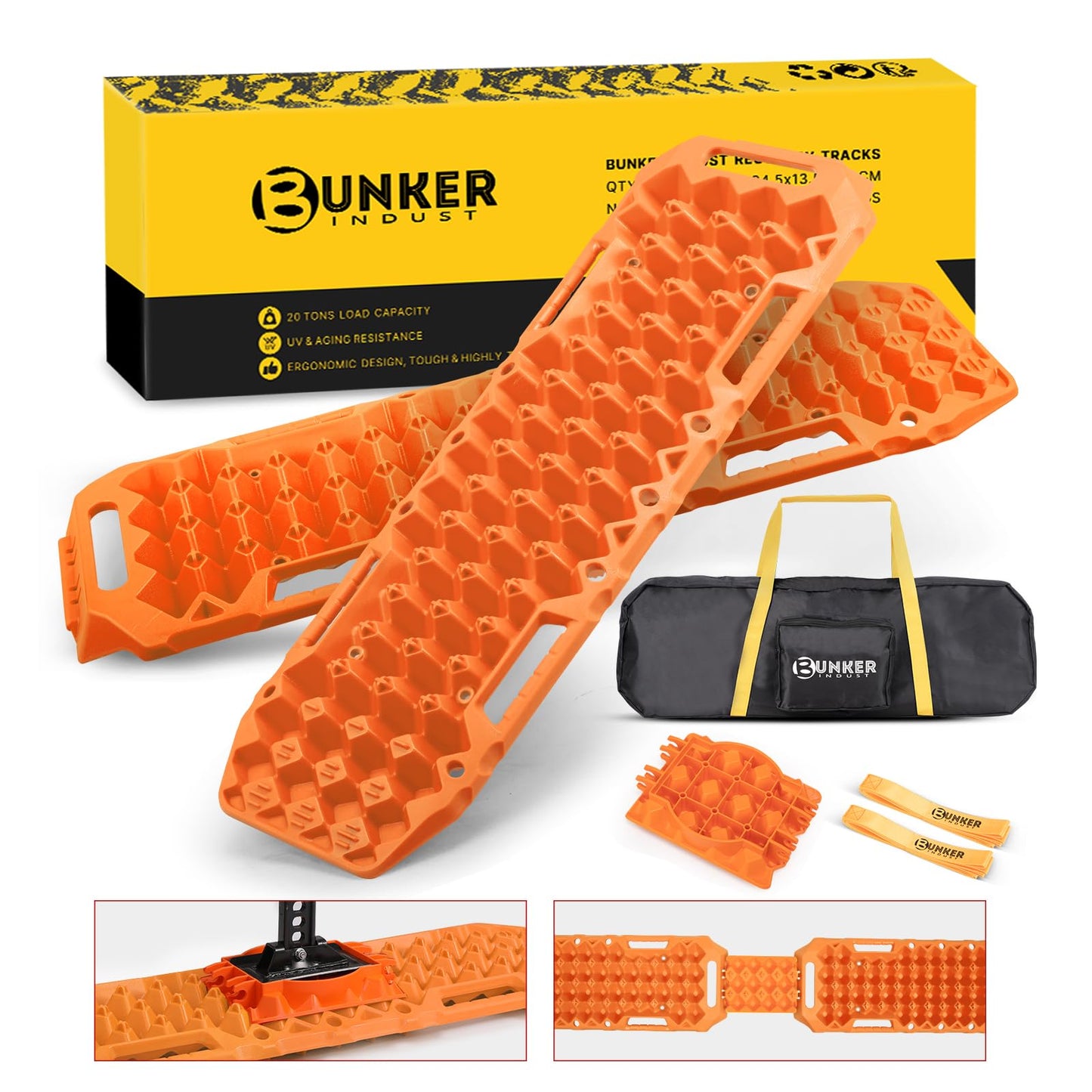 BUNKER INDUST Off-Road Traction Boards with Jack Lift Base,2 Pcs Multifunctional Recovery Track for 4WD UTV SUV Truck-Mud, Snow, Sand Tracks Orange Tire Traction Mat with Carry Bag (Gen 9th)