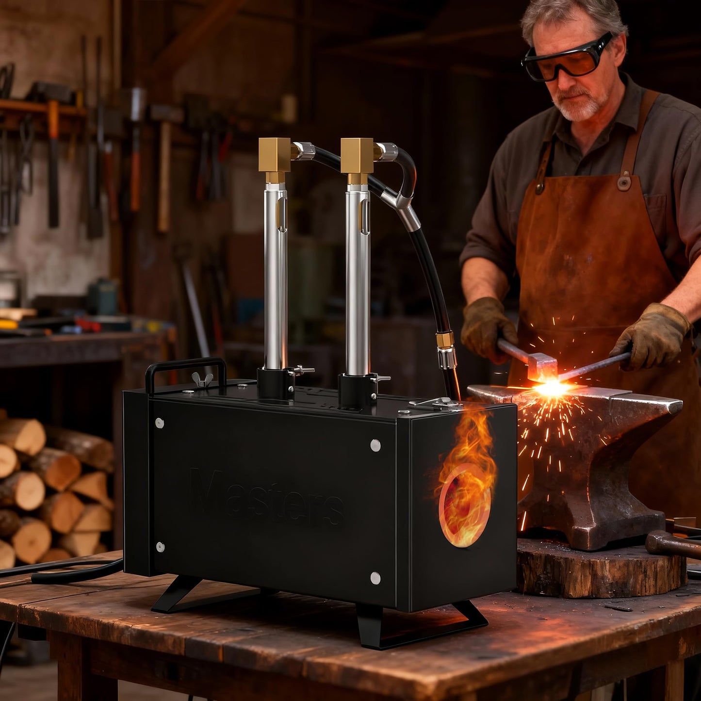 MMasters Propane Forge Kit, Dual Burners, 2600℉ Gas Forge for Blacksmithing and Metal Forging, Portable Steel Forge with Openable Door - 2 Burner