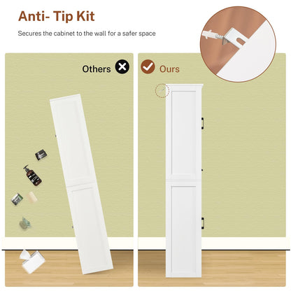 TEENFON Tall Storage Cabinet with 3 Door Shelves & 1 Drawer, Narrow Kitchen Pantry Cabinet for Living Room, Bathroom, Entryway, White