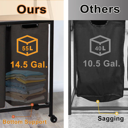 Timberer Laundry Hamper, Laundry Sorter with 4 Section, Rolling Basket with Wheels, 2 Shelves, 4 14.5 Gal, Pull-Out and Removable Oxford Fabric Bags for Laundry Room, Black and Rustic Brown