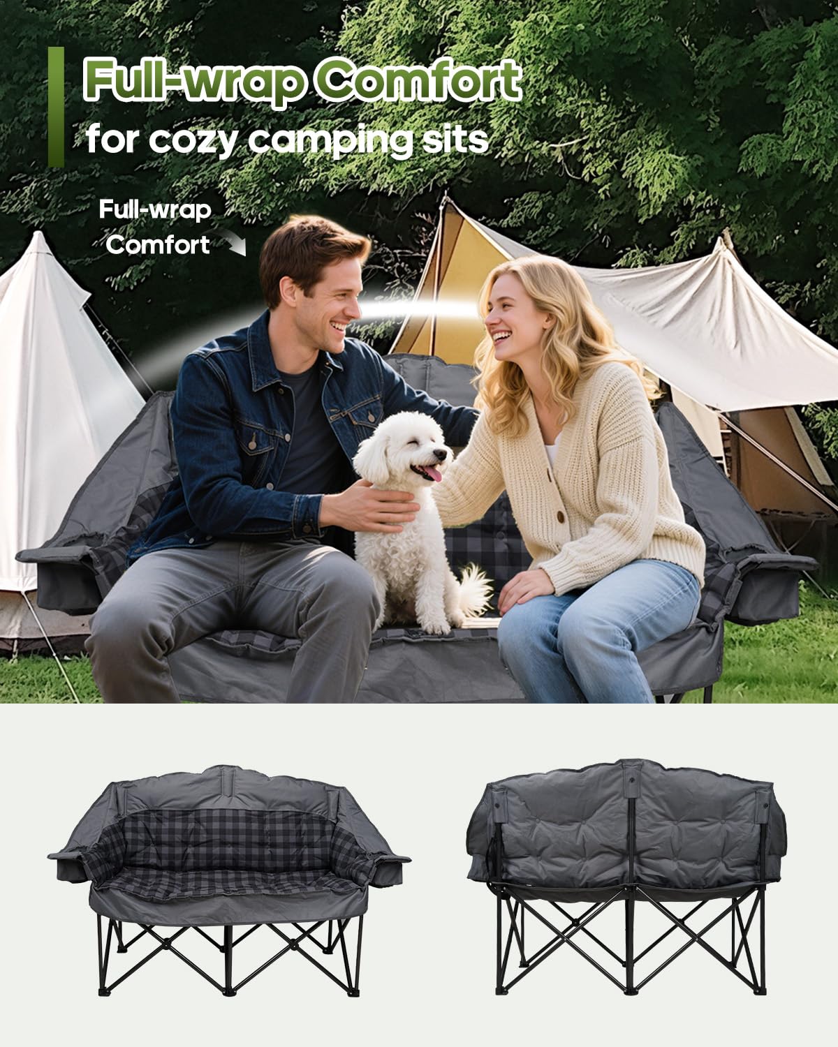 Double Camping Chair Padded Loveseat Camping Couch, Oversized 2 Person Camp Chairs with 2 in 1 Carry Bag, Heavy Duty Folding Lawn Chair Sofa with Cup Holders for Adults Patio Backyard Beach, Gray