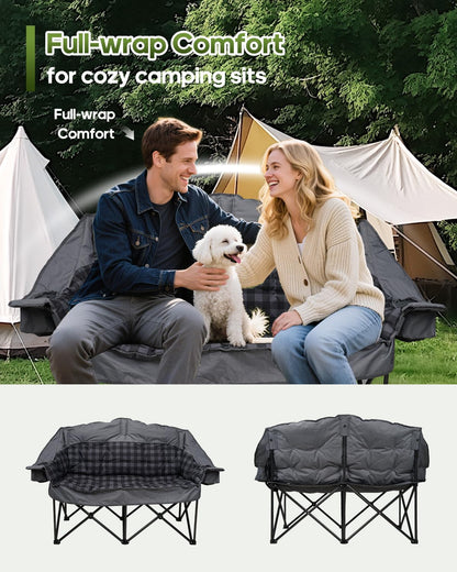 Double Camping Chair Padded Loveseat Camping Couch, Oversized 2 Person Camp Chairs with 2 in 1 Carry Bag, Heavy Duty Folding Lawn Chair Sofa with Cup Holders for Adults Patio Backyard Beach, Gray