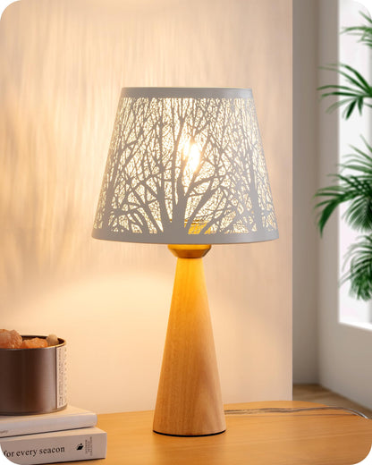 EDISHINE Small Table Lamp, Wooden Bedside Lamp with Iron Lampshade, Light Wood Color, E26 Socket, ON-Off Switch