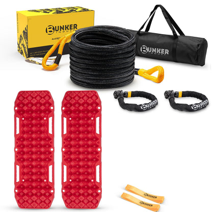 BUNKER INDUST Off-Road Traction Boards Red + 1"×30ft Kinetic Recovery Rope with 2 Soft Shackles Kit