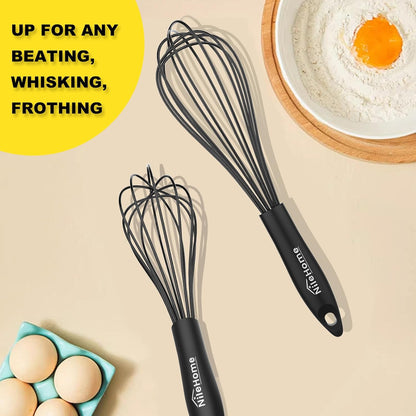 NileHome Silicone Whisk Set - Versatile 8" & 10" Kitchen Whisks for Cooking & Baking - Black