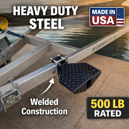 500 lb Rated Heavy Duty Boat Trailer Step – USA Made Welded Steel Boarding Platform – Fits 2" x 4" Trailer Frames – Anti-Slip Diamond Tread – Hardware Included