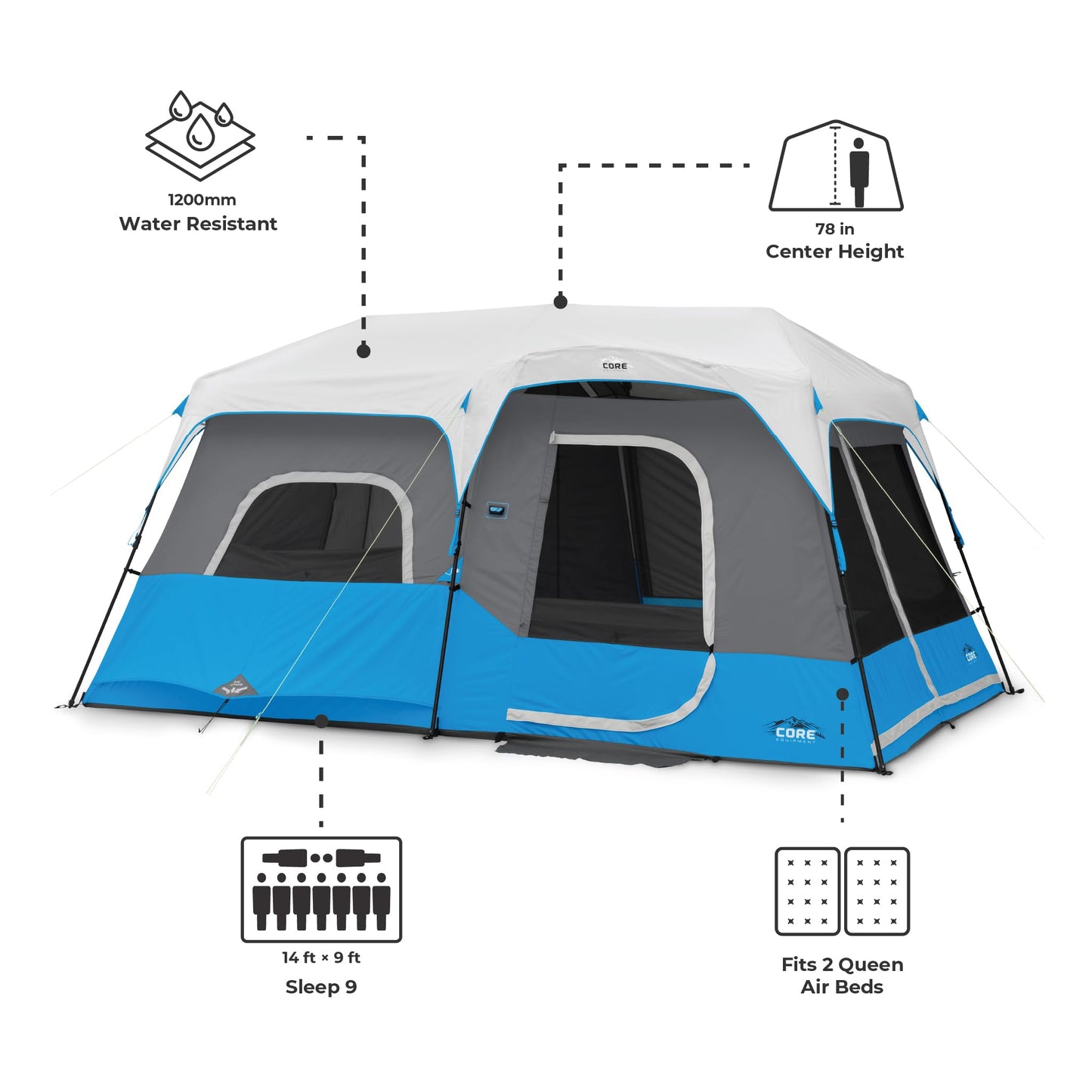 CORE 9 Person Instant Cabin Tent with LED Lights | Large Multi Room Family Lighted Pop Up Tent for 2 Minute Camp Setup | Included Storage Pockets for Camping Accessories