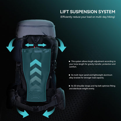 KAILAS RIDGE III 65+5L Hiking Backpack Trekking Daypack Outdoor Backpacking Waterproof Lightweight Internal Frame Backpack for Traveling Camping with Rain Cover Dark Black S