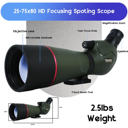 Voopon 25-75x80 Compact Spotting Scope Ultra Bright HD Lens Waterproof Frogproof Nitrogen Filled with Phone Adapter Tripod for Target Shooting, Hunting, Bird Watching, Wildlife Viewing