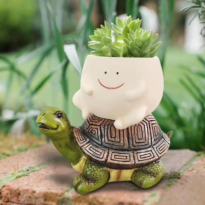 LZEXIN Smiley Face Planter Pot, Cute Plant Pots for Indoor Outdoor, Resin Smile Face Flower Cute Planter with Drainage Hole, Creative Flower Pot Succulent Planters(Riding The Turtle Model)