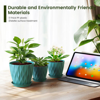Meowell 7/6.5/6/5.5/5/4.5/4 inch Plant Pots for Indoor Outdoor Plants, 7 Pack Thick Flower Pots with Drainage Holes and Saucers, Modern Wave Texture Small Plastic Planters Nursery Pots, Blue Green