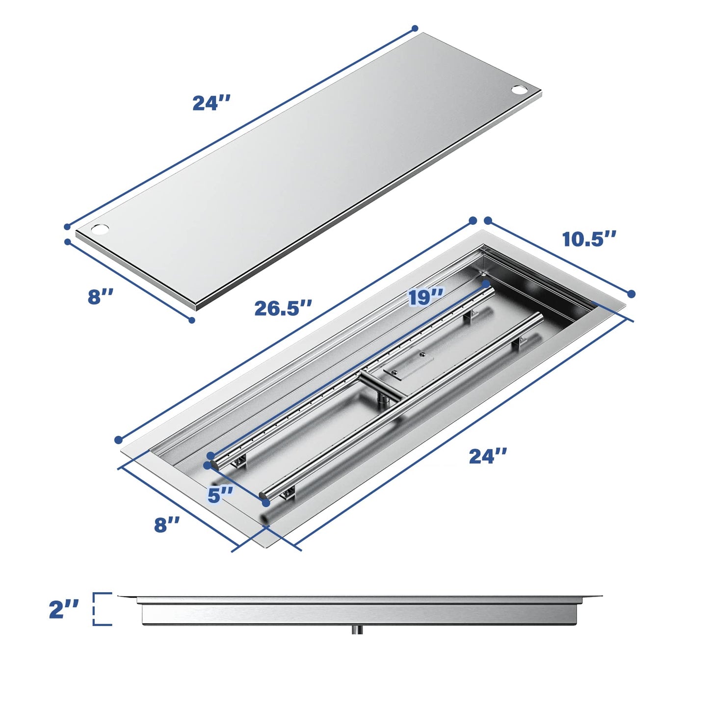 Skyflame Rectangular Stainless Steel Drop-in Fire Pit Pan and Burner with Burner Cover, 24 by 8 Inch Burning Area