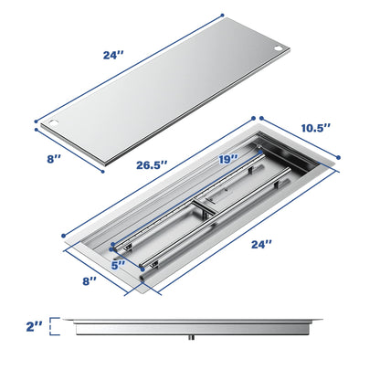 Skyflame Rectangular Stainless Steel Drop-in Fire Pit Pan and Burner with Burner Cover, 24 by 8 Inch Burning Area