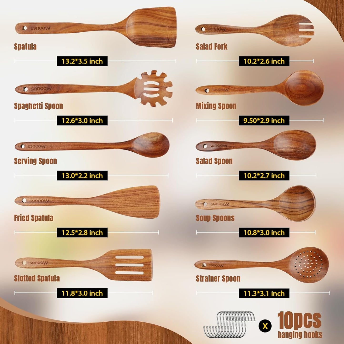 Skiennix Wooden Spoons - 10PCS Teak Wood Cooking Utensil Set with Hooks | Smooth Finish, Heat Resistant