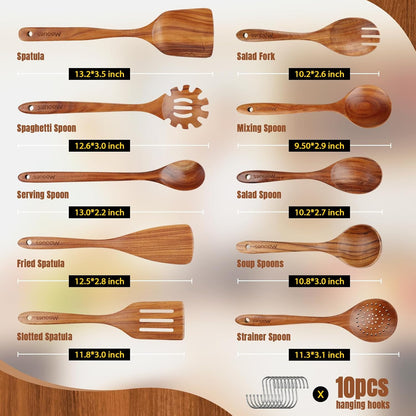 Skiennix Wooden Spoons - 10PCS Teak Wood Cooking Utensil Set with Hooks | Smooth Finish, Heat Resistant