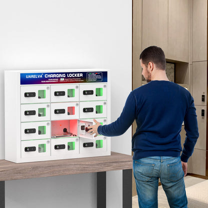 UARELVA Metal Locker 12 Slots Storage Cabinet with Password Lock | Cell Phone Charging Station Locker | White Steel Storage Lockers for Employees,Schools,Hotel,Library,Gym