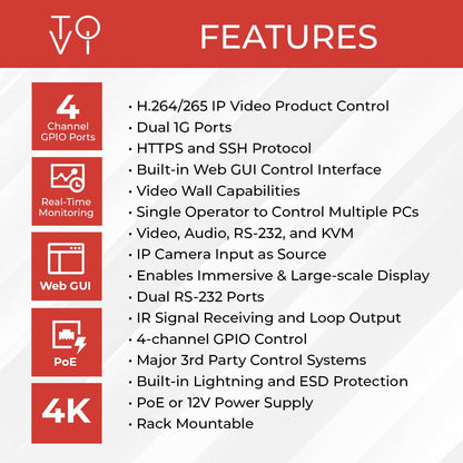 ToVi X2 Series IP Video Network Hub & Control Box with KVM, RS-232, IR, GPIO, PoE, Video Wall, Multi-PC Management, Drag-and-Drop Web GUI (X2UH-CB)