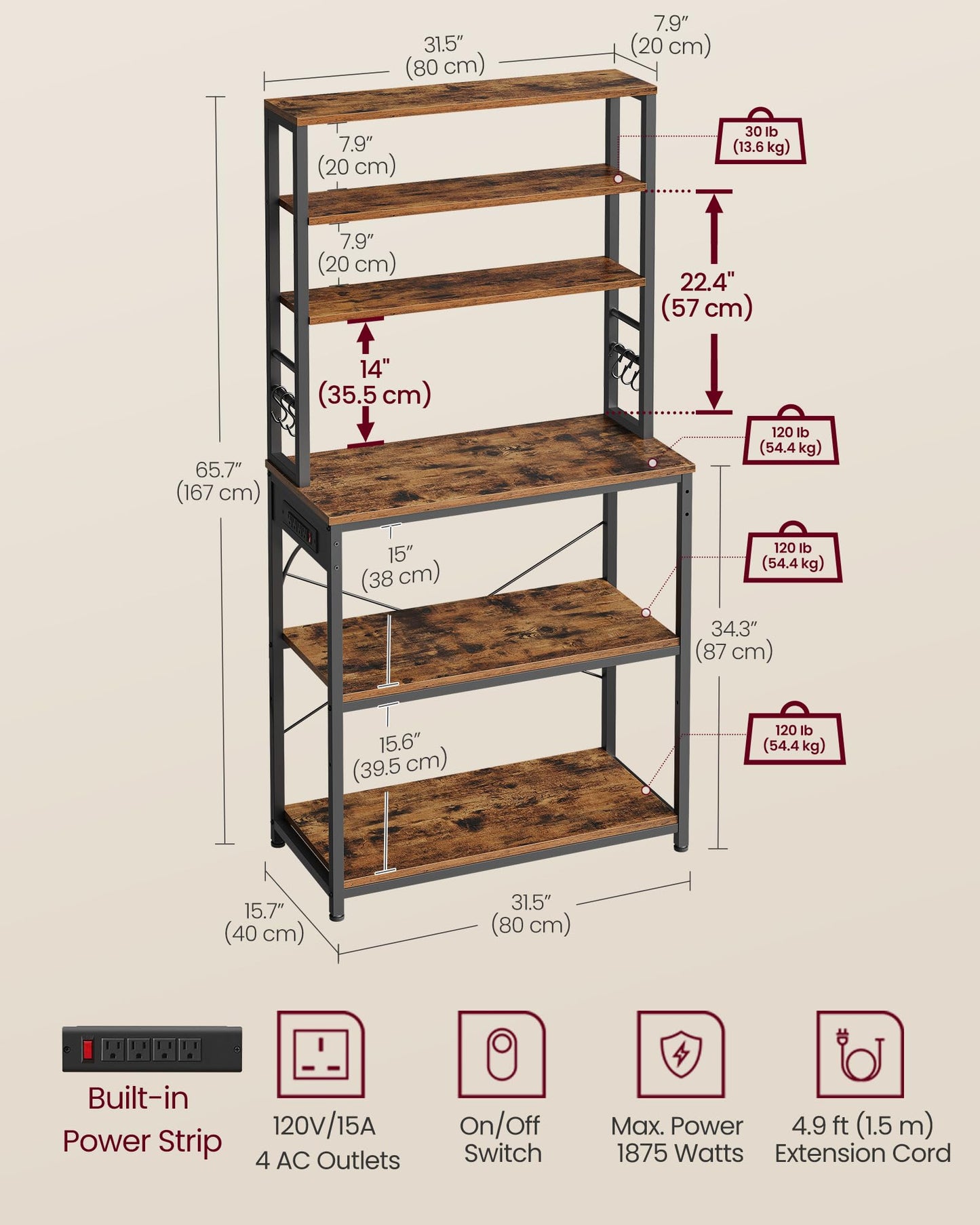 VASAGLE Bakers Rack with Power Outlet, 31.5 Inches Coffee Bar for Kitchen with Storage, 6-Tier Kitchen Shelves with 6 Hooks, Microwave Stand, Industrial, Rustic Brown and Ink Black UKKS119K01