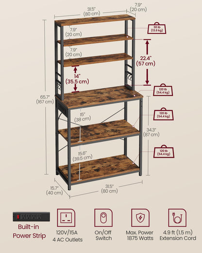 VASAGLE Bakers Rack with Power Outlet, 31.5 Inches Coffee Bar for Kitchen with Storage, 6-Tier Kitchen Shelves with 6 Hooks, Microwave Stand, Industrial, Rustic Brown and Ink Black UKKS119K01