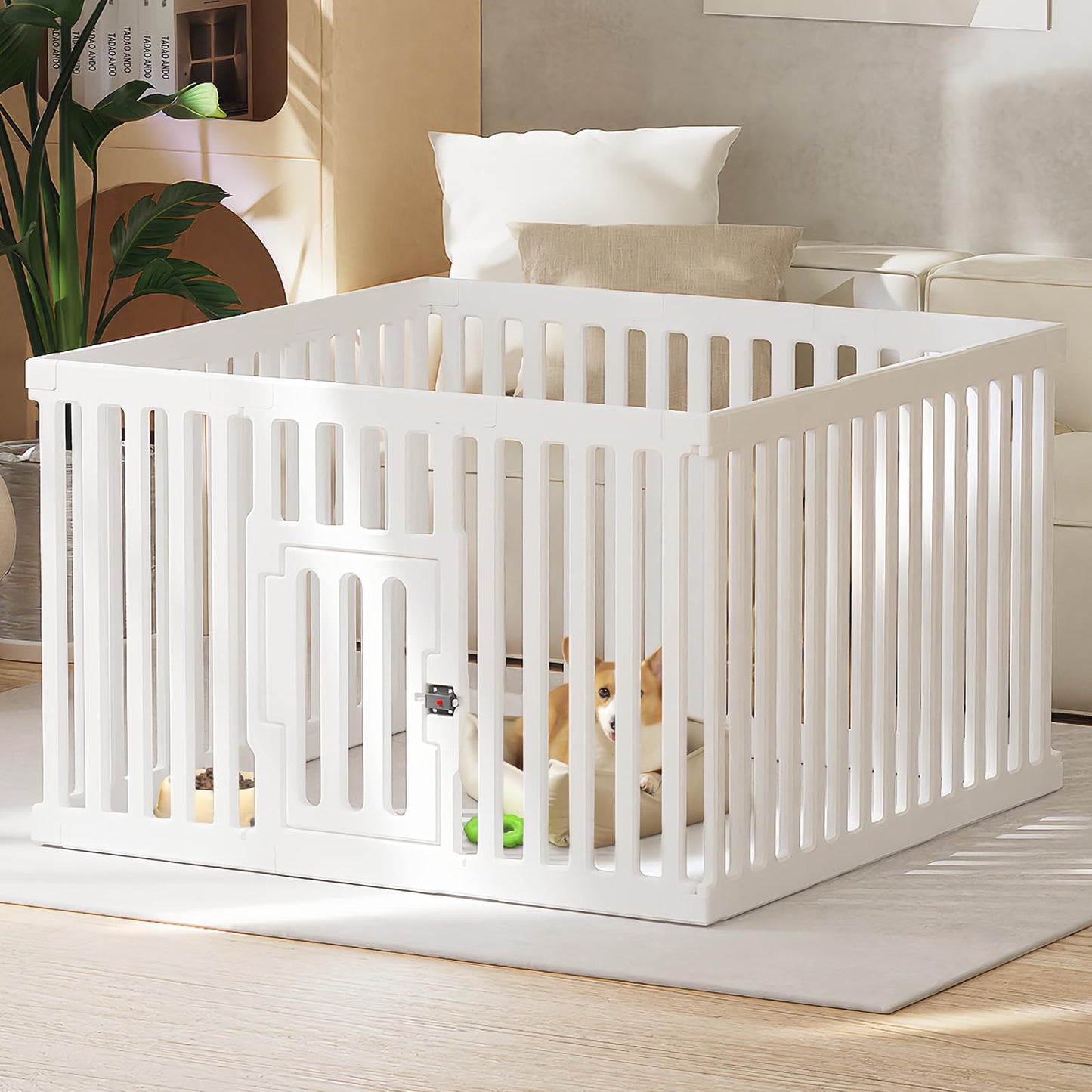 Dog Playpen with Locking Door - 12 Panels Indoor Puppy Play Pen & Pet Fence, 25.6 Inch Height Portable Playpen for Small Medium Dogs & Cats, Easy Set Up, Durable Plastic, White