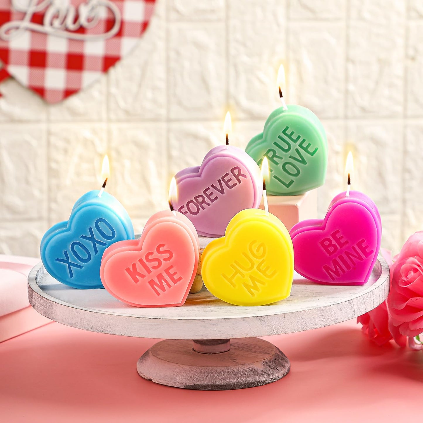 Conelist 6 Pcs Valentine's Day Conversation Heart Candle Aesthetic Unscented Handmade Candles Romantic Conversation Heart Valentine's Day Gifts for Home Wedding Decoration