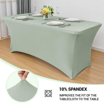 Obstal 2PC Sage Green Tablecloth - 6ft Rectangle Spandex Table Cover for Party, Events, Banquets & Weddings, Machine Washble
