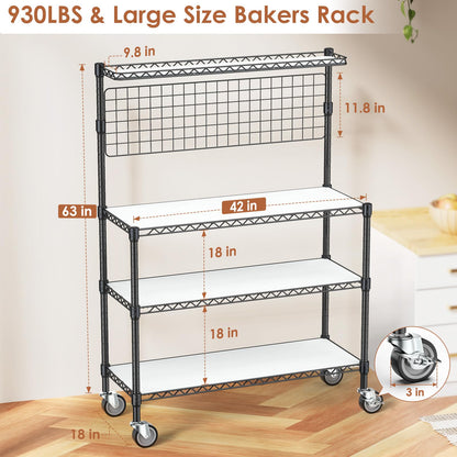 Leteuke Bakers Rack with Storage & Wheels, 42 Inch Microwave Stand Kitchen Shelves, 4-Tier Heavy Duty Storage Rack with 20 S-Hooks, Commercial Metal Utility Kitchen Cart, 42× 18× 63 Inch, Black