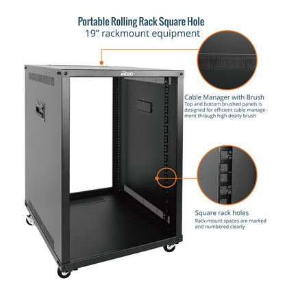 Tecmojo 15U Portable Rolling Network Rack, 4-Post Mobile Open Frame Server Rack with Wheels, Free Standing Server Cabinet for Computer/Data/AV/IT Equipment/Network Equipment