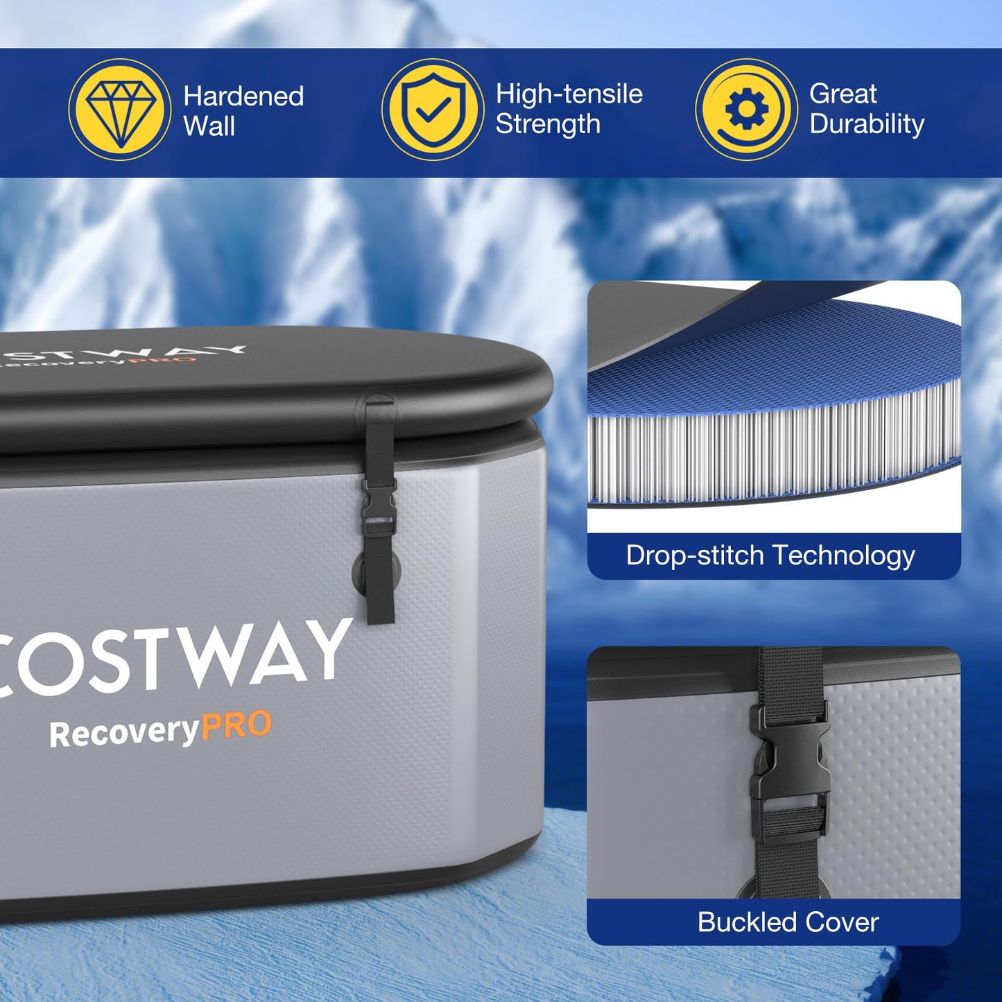 COSTWAY XL 129 Gal Oval Ice Bath Tub with Cover, Portable Outdoor Inflatable Cold Plunge Tub with Backpack, Pump, for Cold and Therapy, Compatible with Water Chillers, Grey