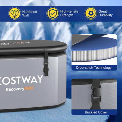 COSTWAY XL 129 Gal Oval Ice Bath Tub with Cover, Portable Outdoor Inflatable Cold Plunge Tub with Backpack, Pump, for Cold and Therapy, Compatible with Water Chillers, Grey
